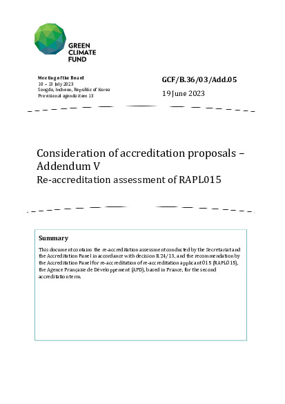 Document cover for Consideration of accreditation proposals – Addendum V Re-accreditation assessment of RAPL015