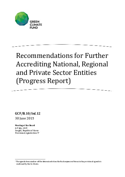 Document cover for Recommendations for Further Accrediting National, Regional and Private Sector Entities (Progress Report)