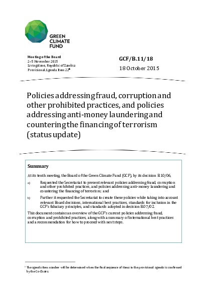 Document cover for Policies addressing fraud, corruption and other prohibited practices, and policies addressing anti-money laundering and countering the financing of terrorism (status update)