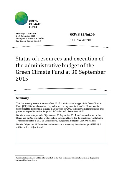 Document cover for Status of resources and execution of the administrative budget of the Green Climate Fund at 30 September 2015