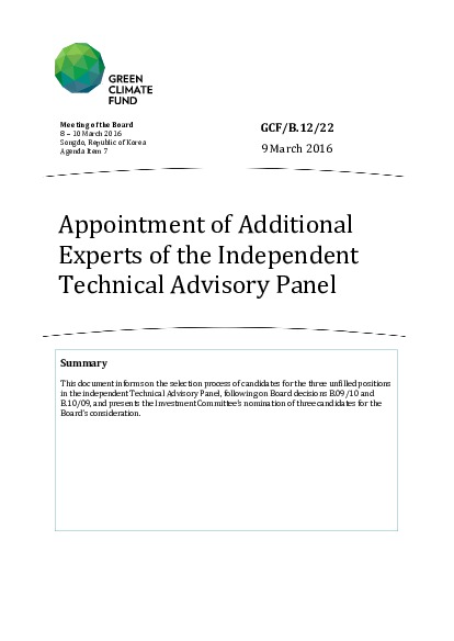 Document cover for Appointment of Additional Experts of the Independent Technical Advisory Panel