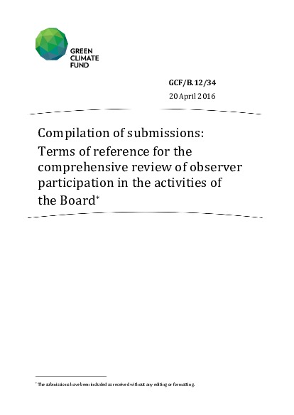 Document cover for Compilation of submissions: Terms of reference for the comprehensive review of observer participation in the activities of the Board