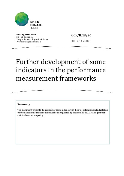 Document cover for Further development of some indicators in the performance measurement frameworks