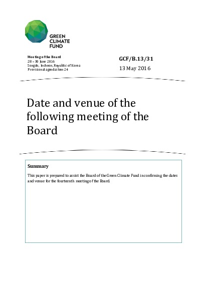 Document cover for Date and venue of the following meeting of the Board