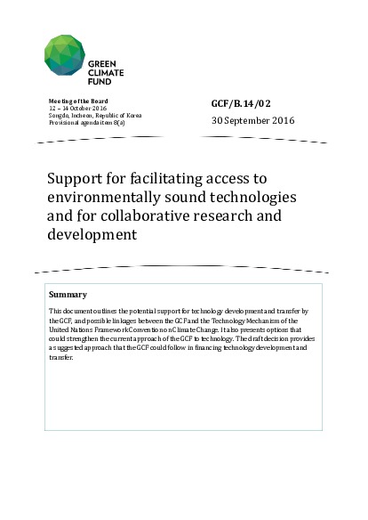 Document cover for Support for facilitating access to environmentally sound technologies and for collaborative research and development