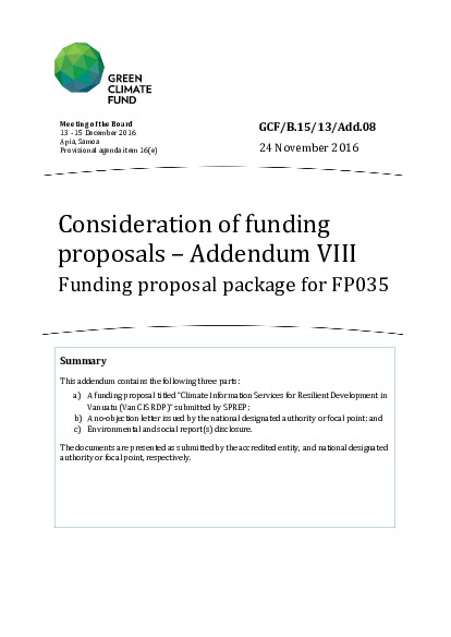 Document cover for Funding proposal package for FP035