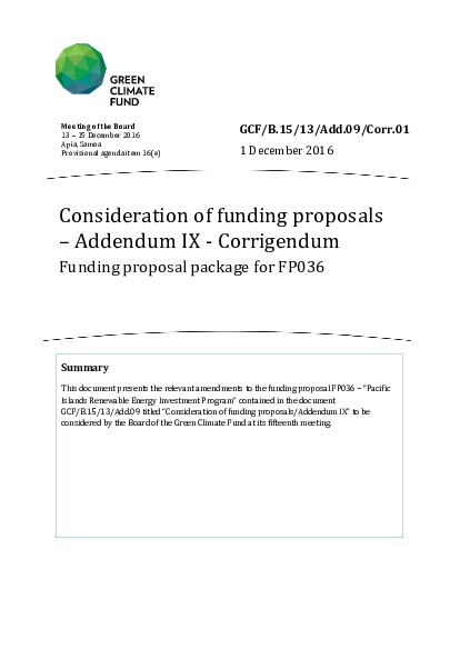 Document cover for Funding proposal package for FP036 - Corrigendum