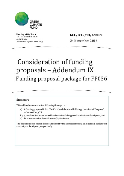 Document cover for Funding proposal package for FP036
