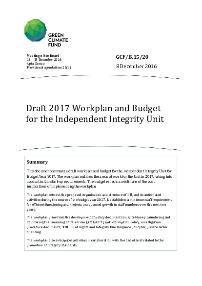 Document cover for Workplan and budget for the Independent Integrity Unit for 2017