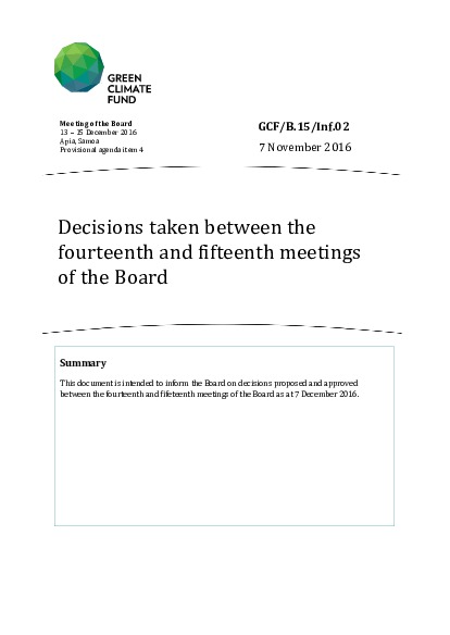 Document cover for Decisions between the fourteenth and fifteenth meetings of the Board