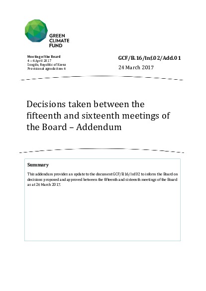 Document cover for Decisions taken between the fifteenth and sixteenth meetings of the Board – Addendum