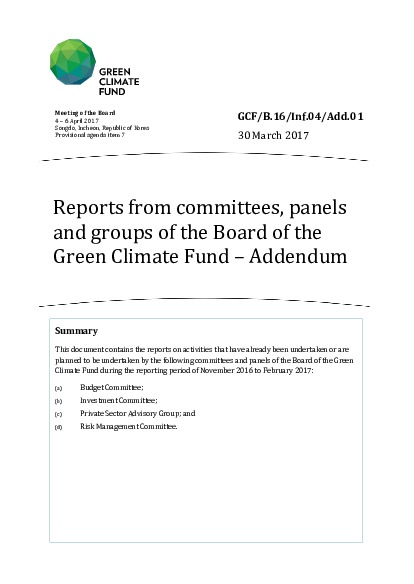 Document cover for Reports from committees, panels and groups of the Board of the Green Climate Fund – Addendum