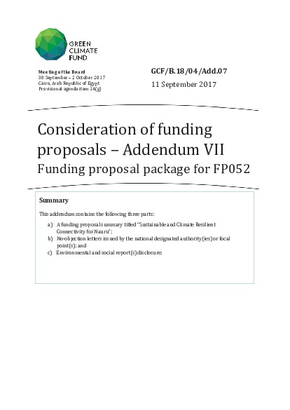 Document cover for Funding proposal package for FP052