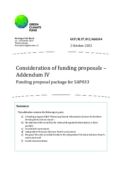 Document cover for Consideration of funding proposals – Addendum IV Funding proposal package for SAP033