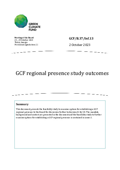 Document cover for GCF regional presence study outcomes