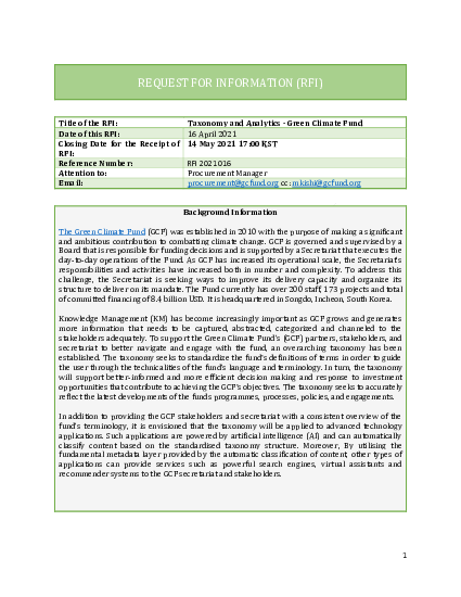 Download Request for Information - Taxonomy and Analytics - Green Climate Fund 