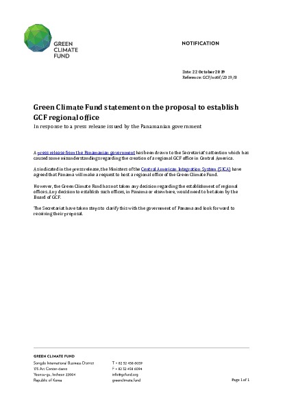 Document cover for Green Climate Fund statement on the proposal to establish GCF regional office