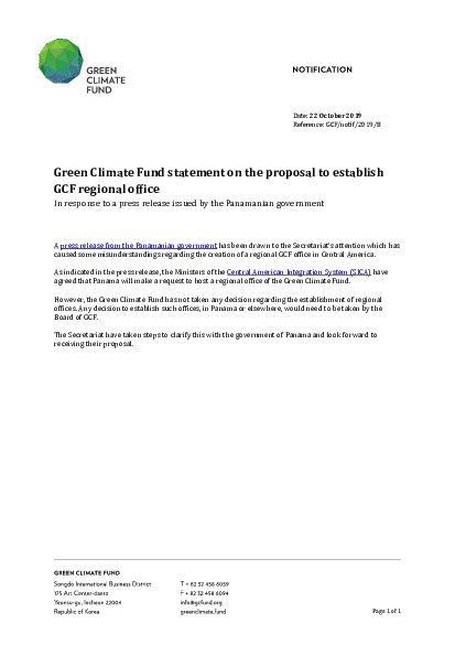 Download Green Climate Fund statement on the proposal to establish GCF regional office Document cover for Green Climate Fund statement on the proposal to establish GCF regional office