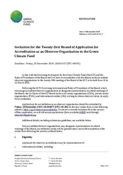Document cover for Invitation for 21st Round of Application for Accreditation as Observer Organization