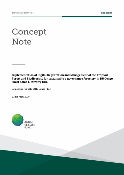 Document cover for Implementation of Digital Registration and Management of the Tropical Forest and Biodiversity for sustainable e-governance forestery in DR Congo – Short name E-forestry DRC