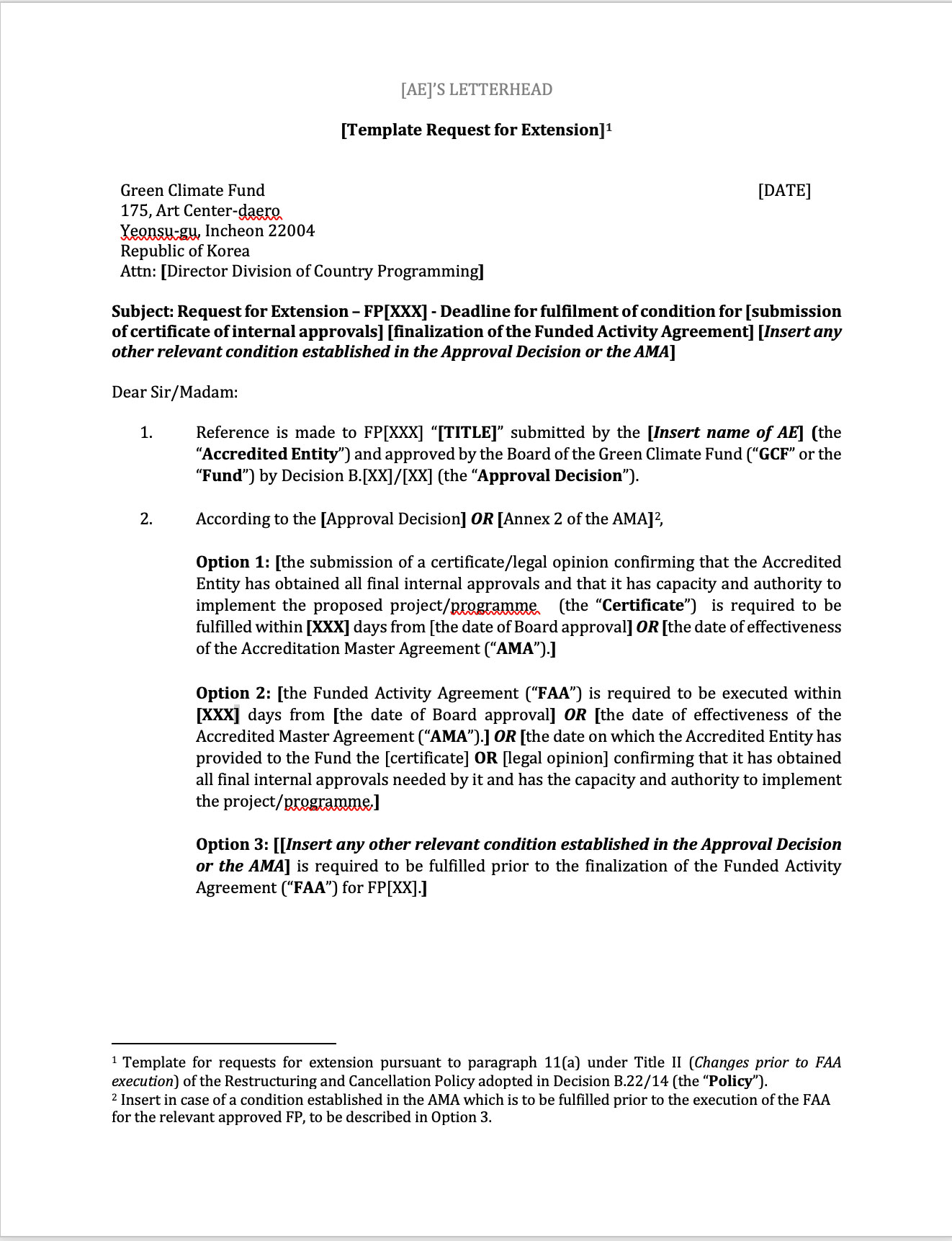 Document cover for Request for extension of deadline for fulfillment of conditions prior to FAA execution