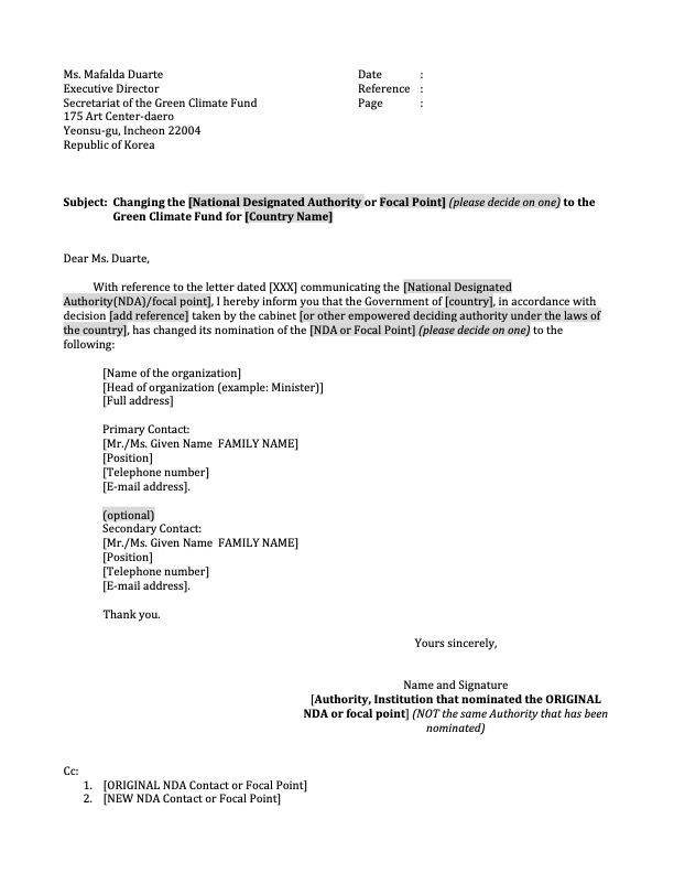 Document cover for Changing the nomination of a National Designated Authority (NDA) or Focal Point