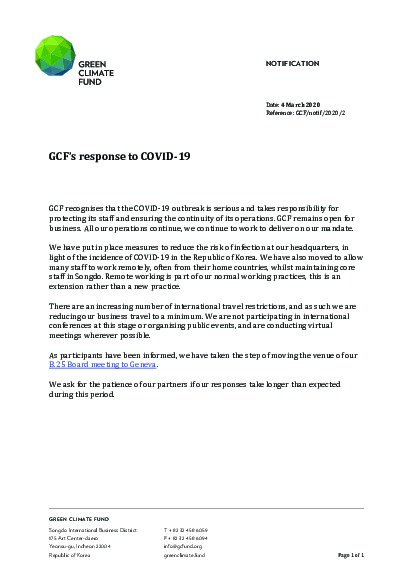 Document cover for GCF's response to COVID-19