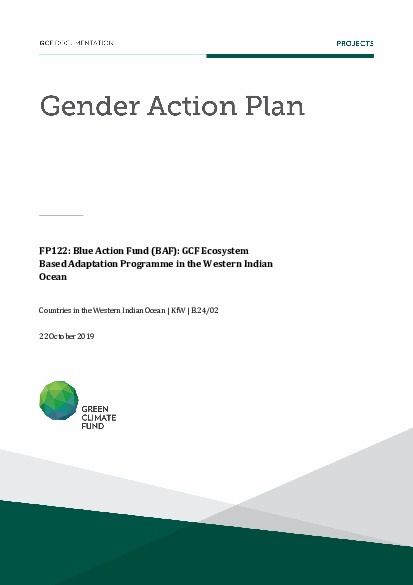 Document cover for Gender action plan for FP122: Blue Action Fund (BAF): GCF Ecosystem Based Adaptation Programme in the Western Indian Ocean