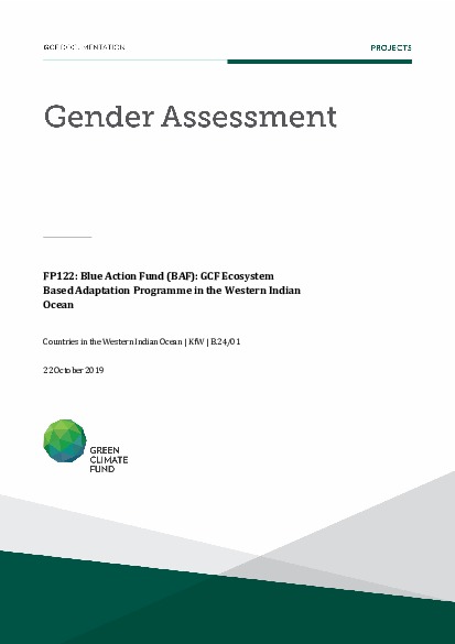Document cover for Gender assessment for FP122: Blue Action Fund (BAF): GCF Ecosystem Based Adaptation Programme in the Western Indian Ocean