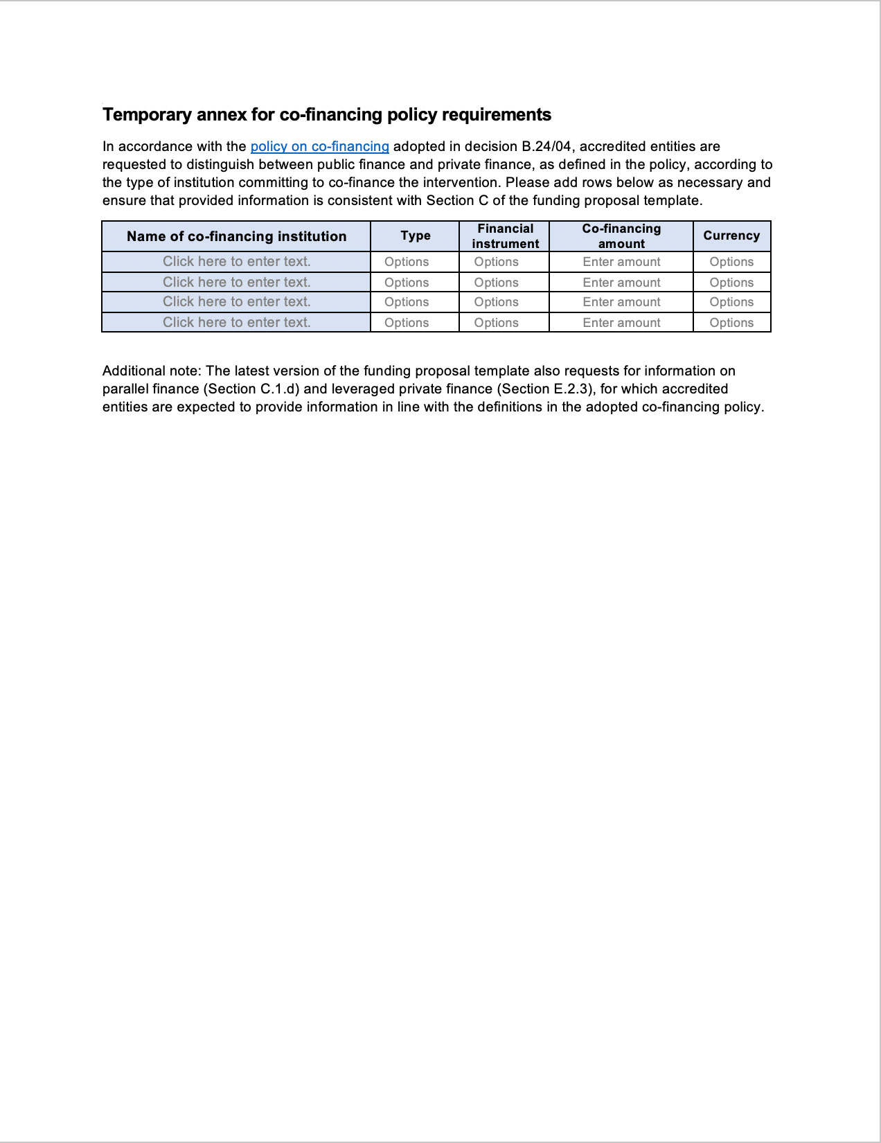 Document cover for Temporary annex: Co-financing policy requirements