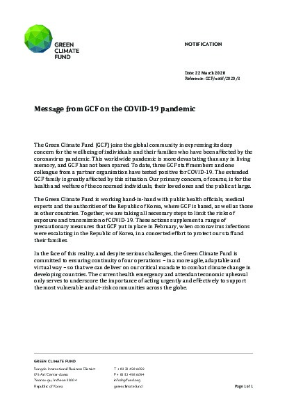 Document cover for Message from GCF on the COVID-19 pandemic