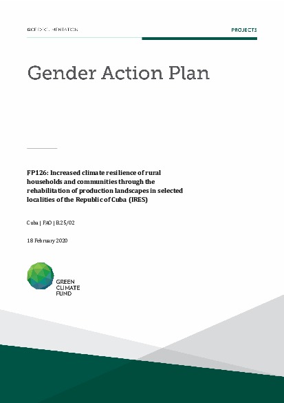 Document cover for Gender action plan for FP126: Increased climate resilience of rural households and communities through the rehabilitation of production landscapes in selected localities of the Republic of Cuba (IRES)