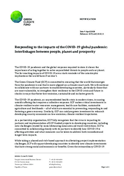 Document cover for Responding to the impacts of the COVID-19 global pandemic: Interlinkages between people, planet and prosperity