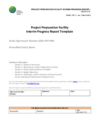 Document cover for Project Preparation Facility Progress Report template