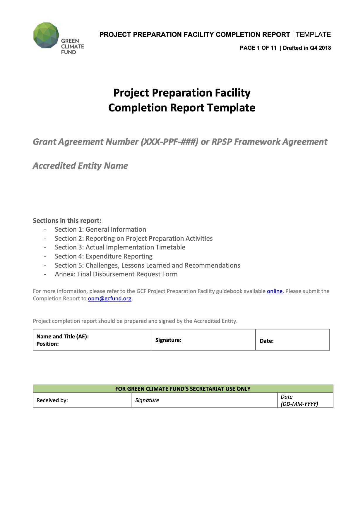 Project Preparation Facility Completion Report template  Green Pertaining To Implementation Report Template