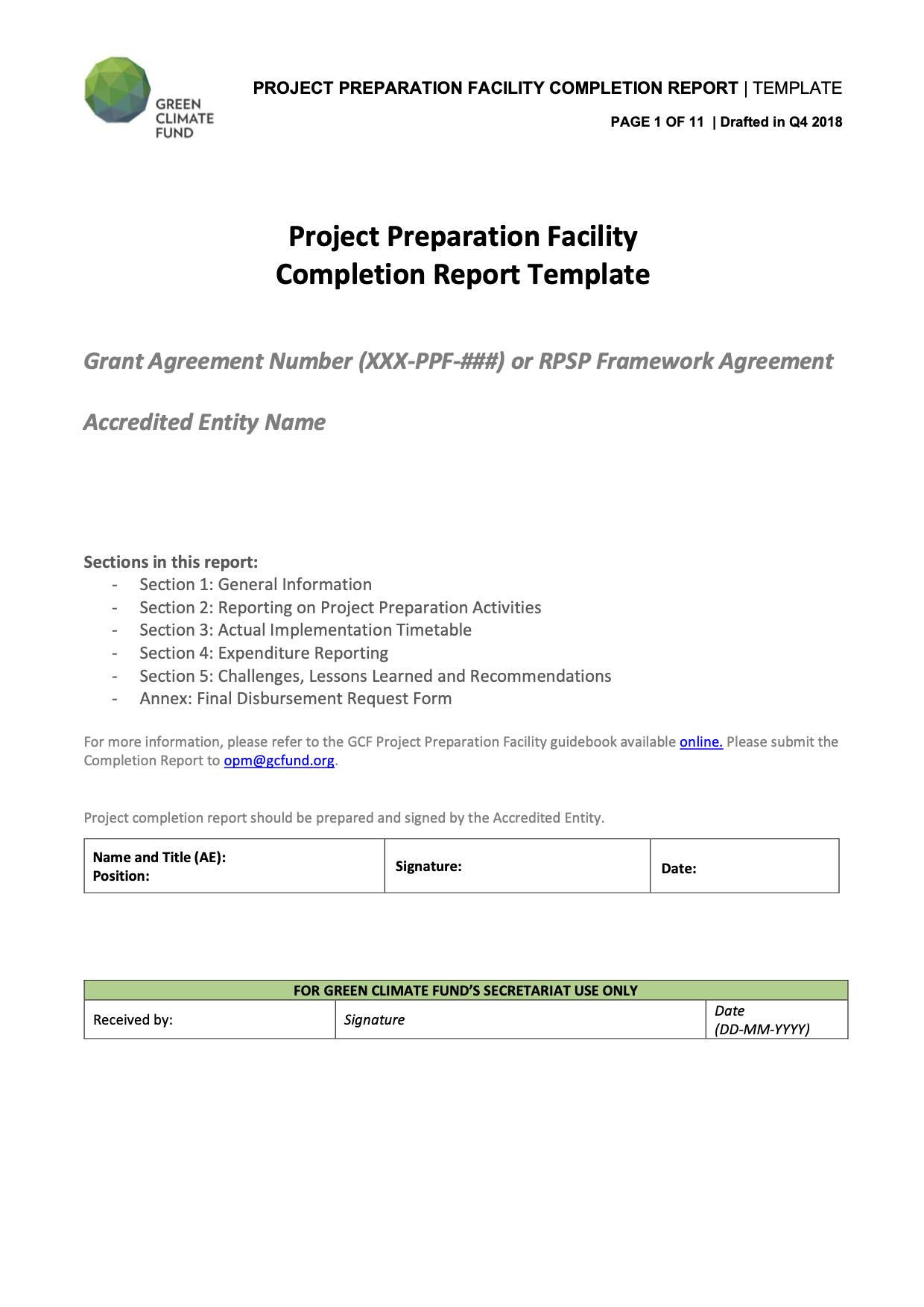 Project Preparation Facility Completion Report template  Green