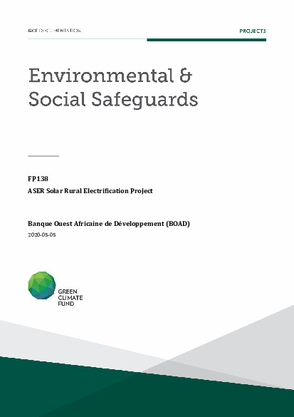 Document cover for Environmental and social safeguards (ESS) report for FP138: ASER Solar Rural Electrification Project