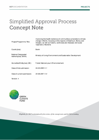 Document cover for Improving the health resilience of communities vulnerable to climate change in Benin, focusing on the regions of Adjohoun, Bonou and Dangbo, as well as malaria, cardiovascular diseases and acute respiratory infections