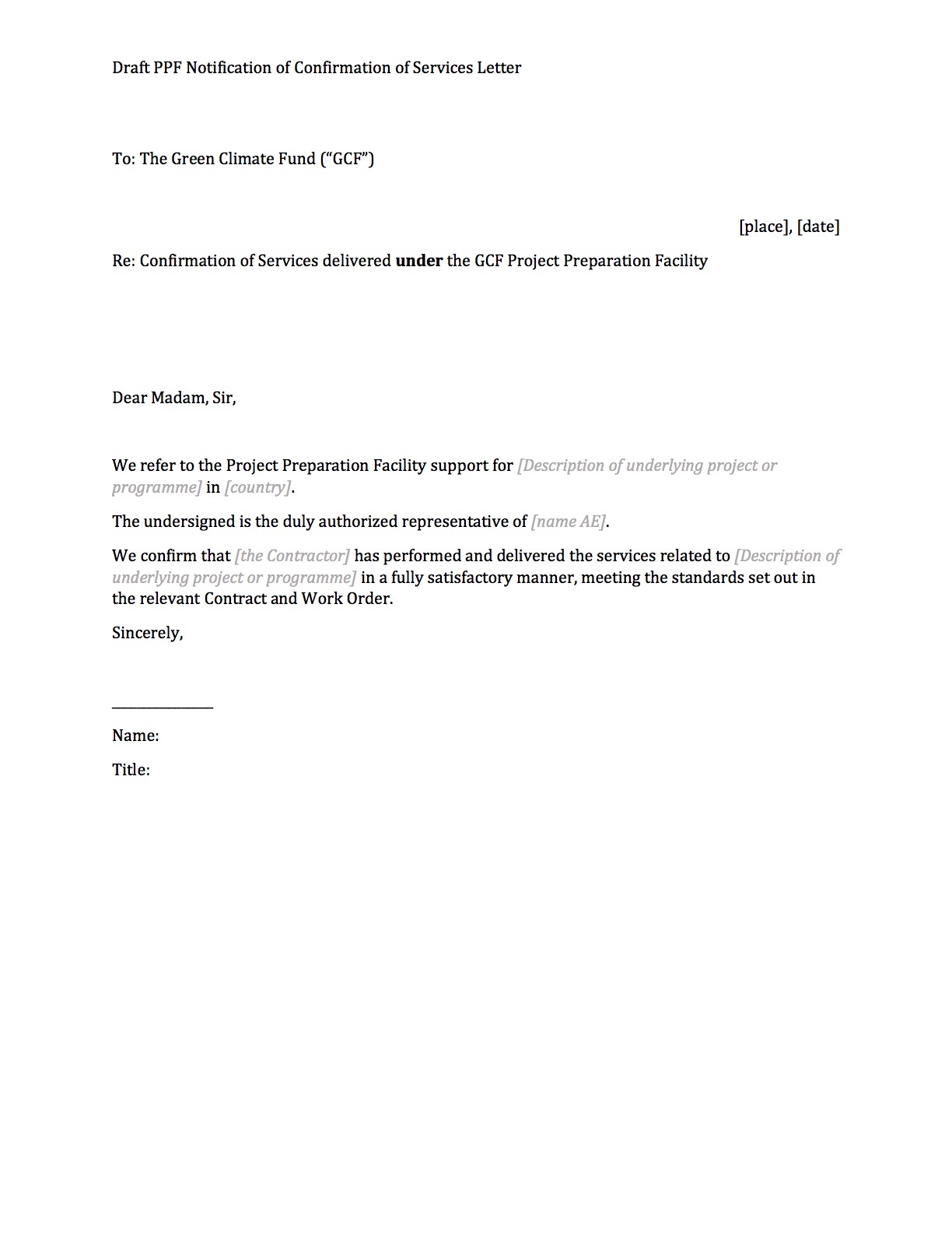 Document cover for PPF Confirmation of Services letter