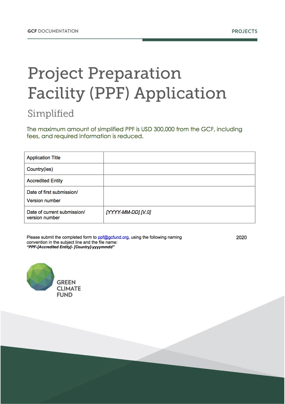Document cover for Simplified Project Preparation Facility Funding Application