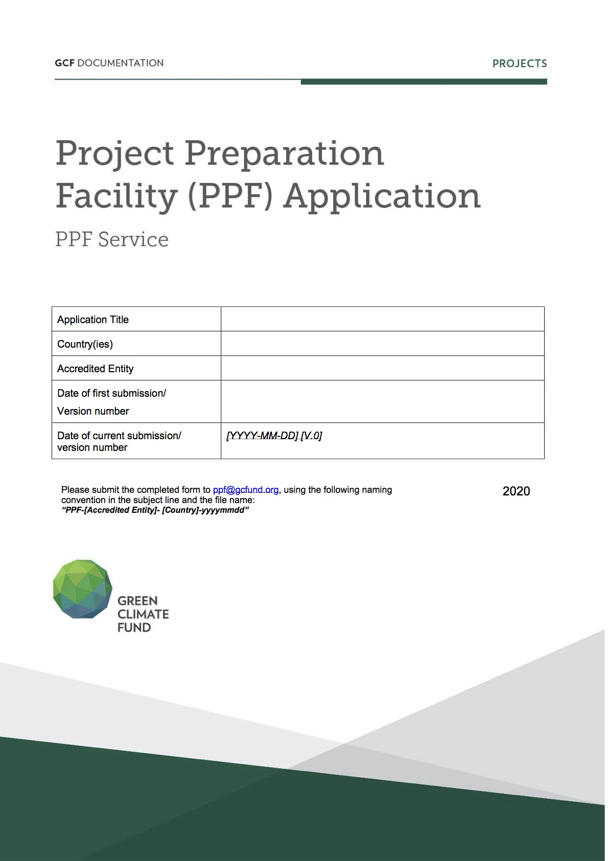 Document cover for Project Preparation Facility Service Application