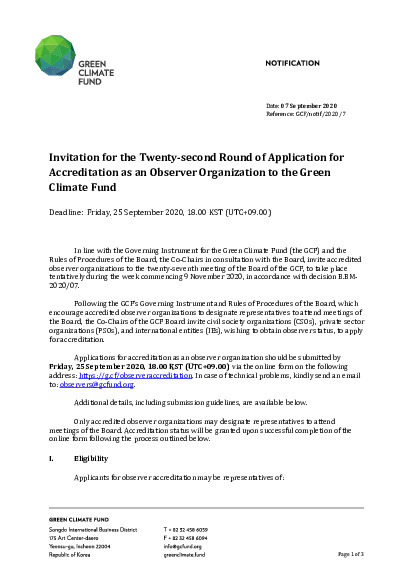 Document cover for Invitation for 22nd Round of Application for Accreditation as Observer Organization