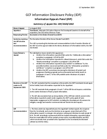 Document cover for Decision and recommendations on appeal no IDP/2020/C002