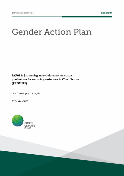 Document cover for Gender action plan for SAP015: Promoting zero-deforestation cocoa production for reducing emissions in Côte d’Ivoire (PROMIRE)