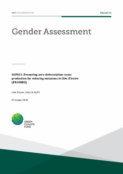 Document cover for Gender assessment for SAP015: Promoting zero-deforestation cocoa production for reducing emissions in Côte d’Ivoire (PROMIRE)