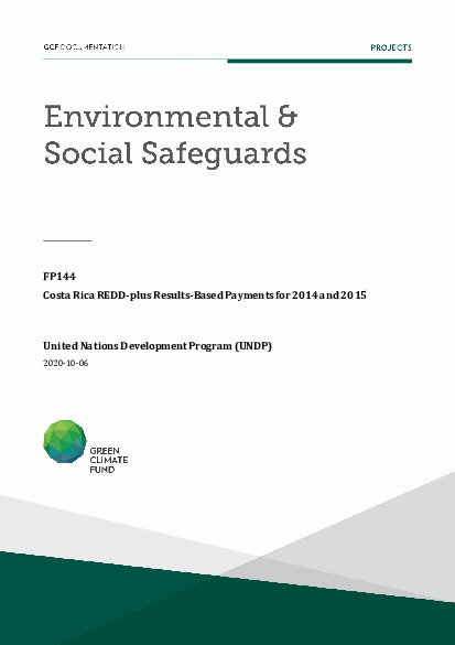 Document cover for Environmental and social safeguards (ESS) report for FP144: Costa Rica REDD-plus Results-Based Payments for 2014 and 2015