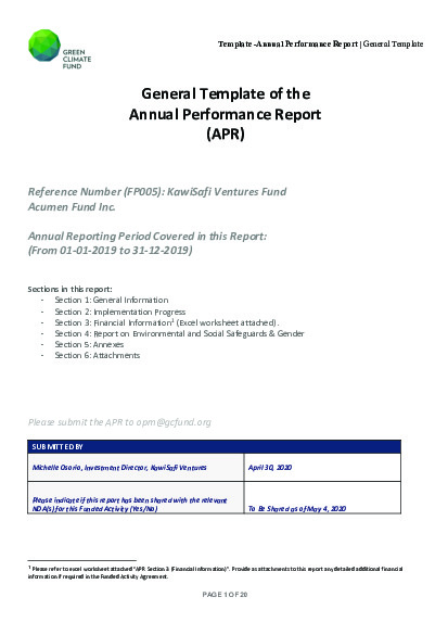 Document cover for 2019 Annual Performance Report for FP005: KawiSafi Ventures Fund