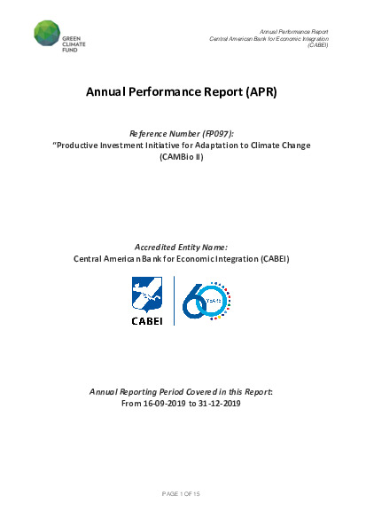 Document cover for 2019 Annual Performance Report for FP097: Productive Investment Initiative for Adaptation to Climate Change (CAMBio II)