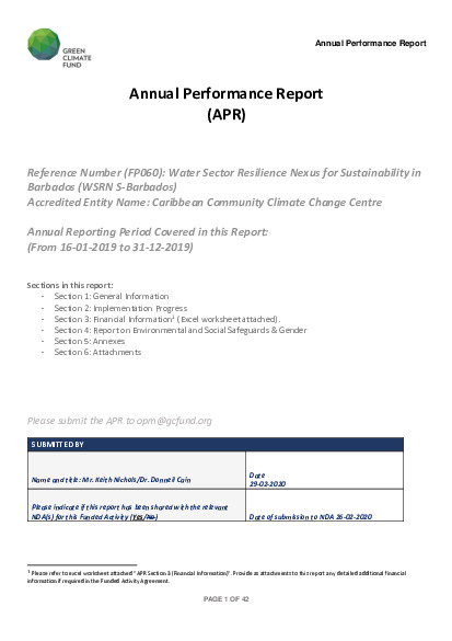 Document cover for 2019 Annual Performance Report for FP060: Water Sector Resilience Nexus for Sustainability in Barbados (WSRN S-Barbados)