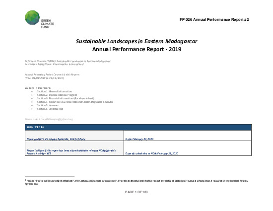 Document cover for 2019 Annual Performance Report for FP026: Sustainable Landscapes in Eastern Madagascar